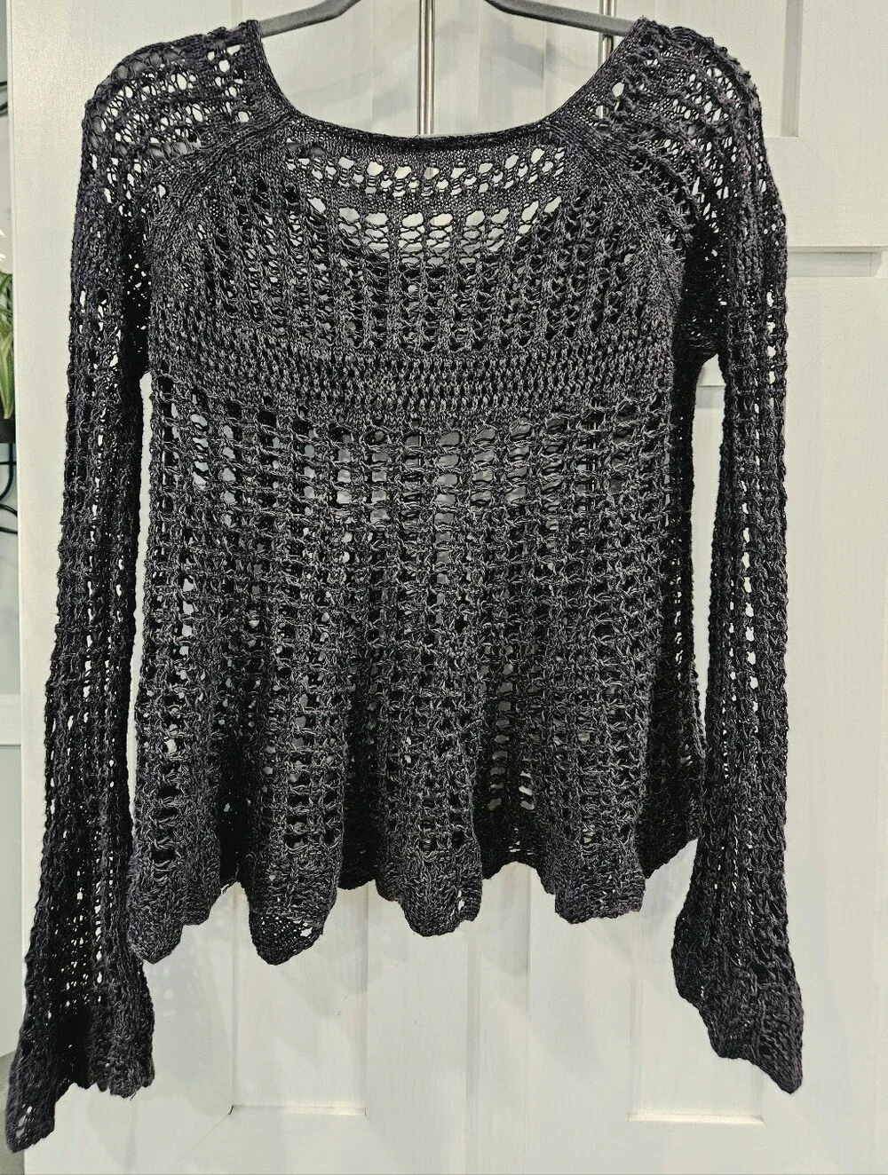 Free People Black Open Knit Crochet Bell Sleeve Sweater Boho Festival Beach